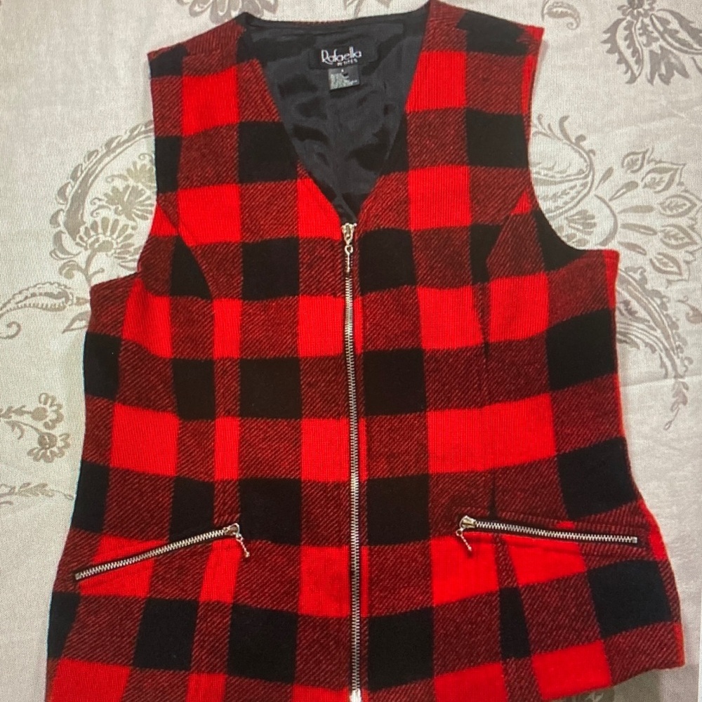 Rafaella Red and Black Buffalo Plaid Zip Vest